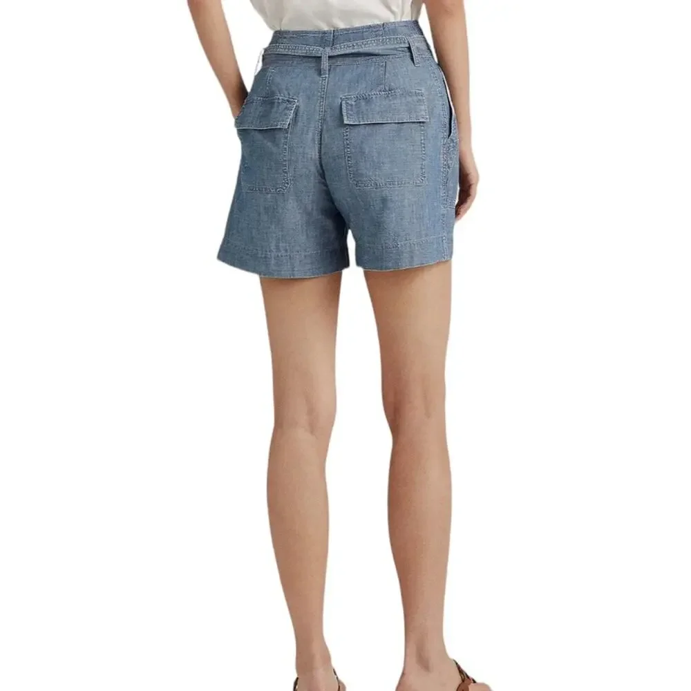 Lauren Ralph Lauren Belted Cotton Chambray Shorts 4.5" Inseam Classy NEW Size 14 - Picture 2 of 6